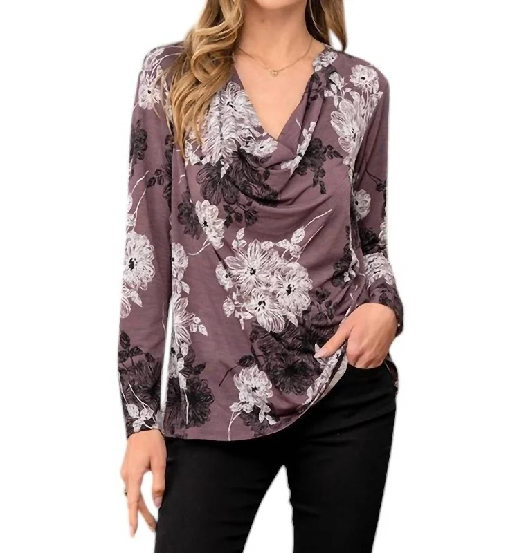 Women's Comfortable Garments Cowl Neck Long Sleeve Floral Print Top In Plum/black