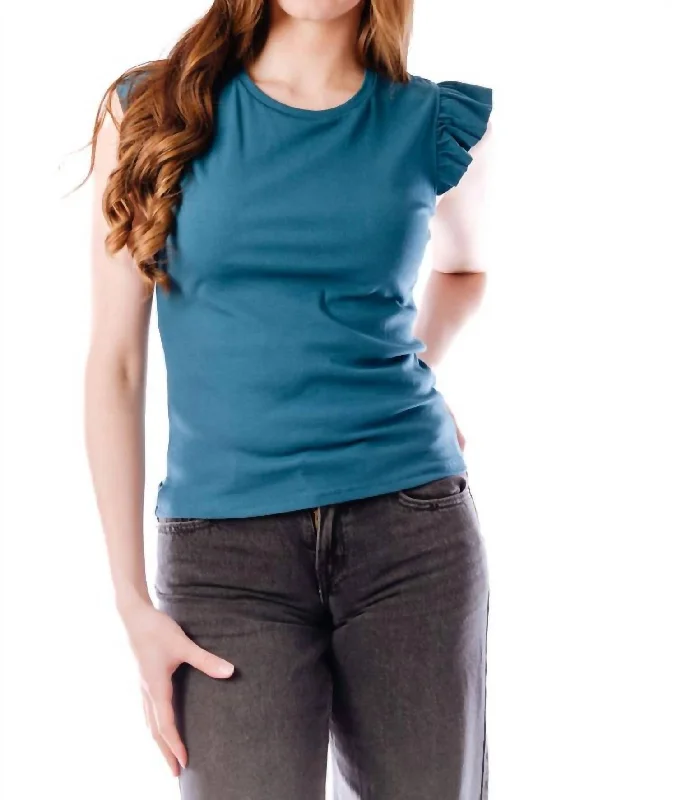 Current Trends Ruffle Cap Sleeve Ribbed Knit Top In Teal