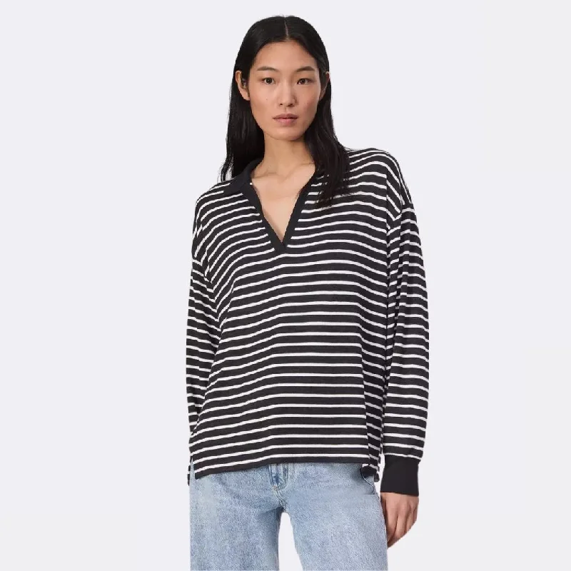 Minimalist Style Knit Stripe Polo Long Sleeve V-Neck (Black + White)