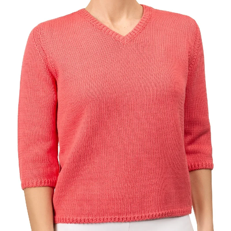 Luxury Women's Clothing V Neck Cotton Pullover in Coral