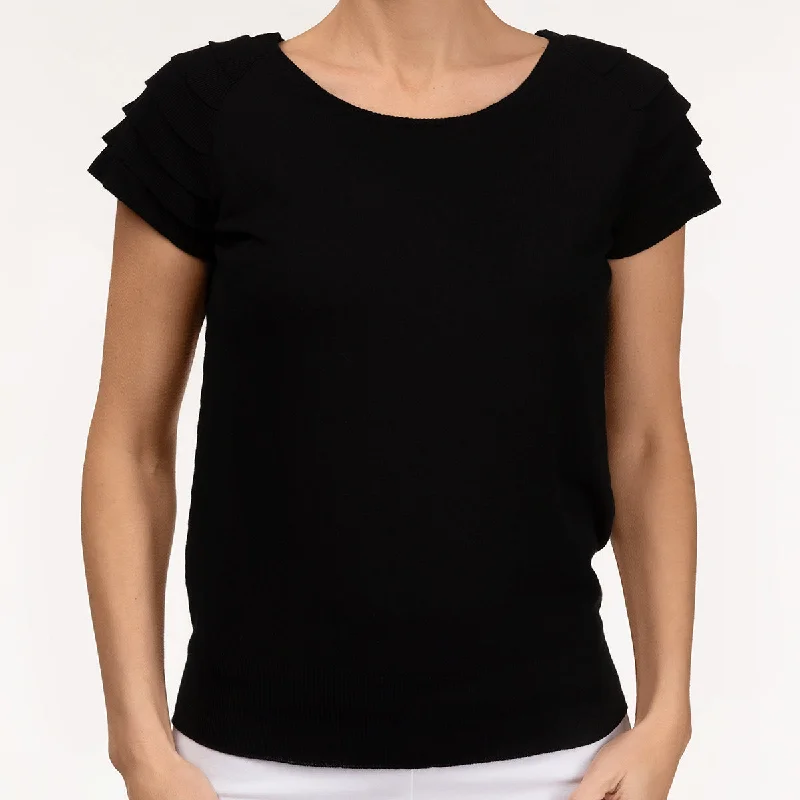 Women's Transitional Attire Ruffle Short Sleeve Pullover in Black