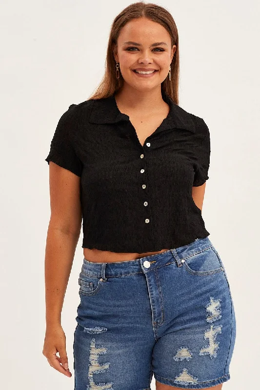 Women's Clothing Black Short Sleeve Button Top