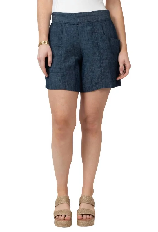 Women's Vacation Outfit Chambray Linen Shorts In Indigo